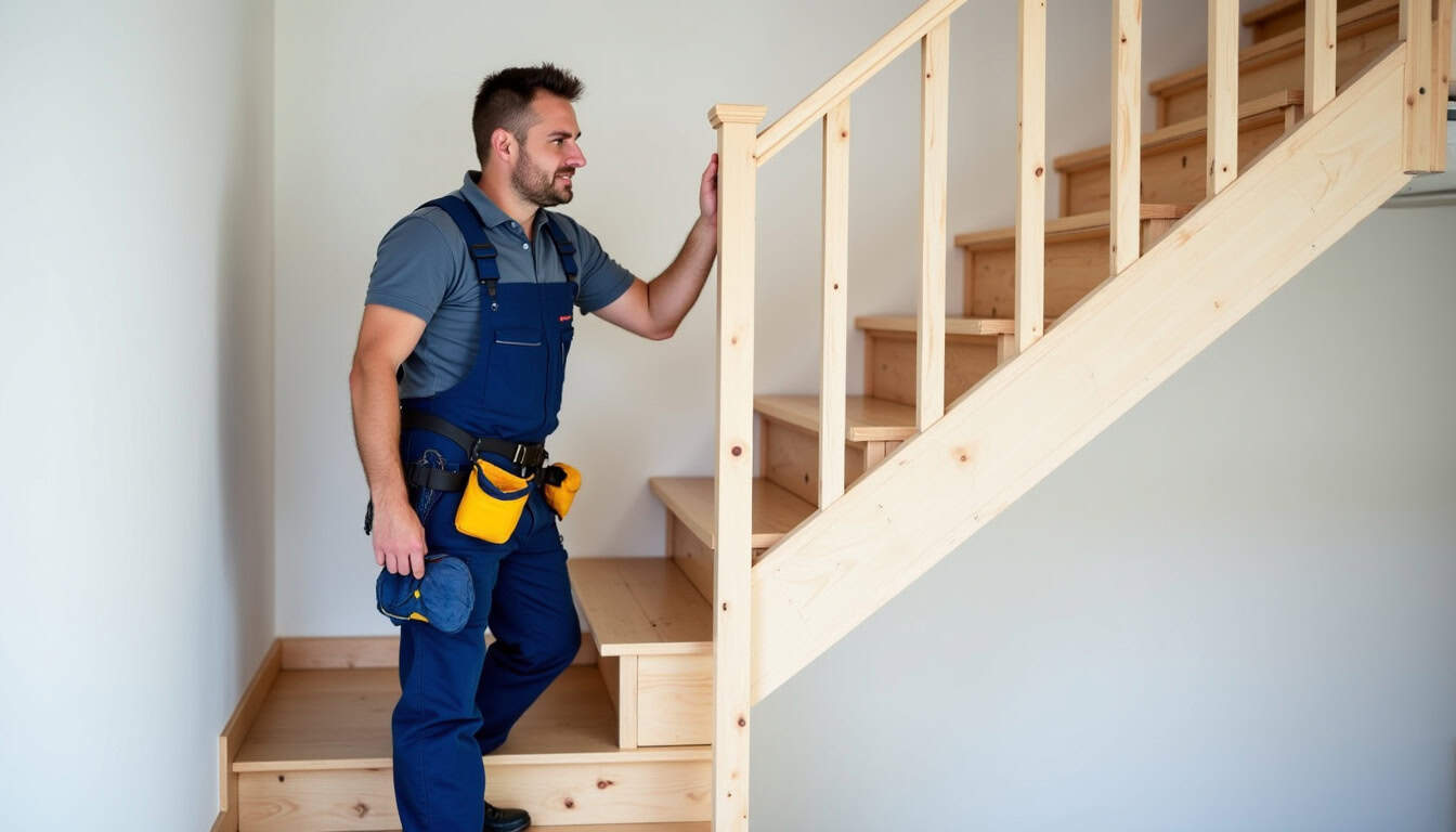 Technicien en train d’installer un monte escalier dans une maison à Ablon-sur-Seine