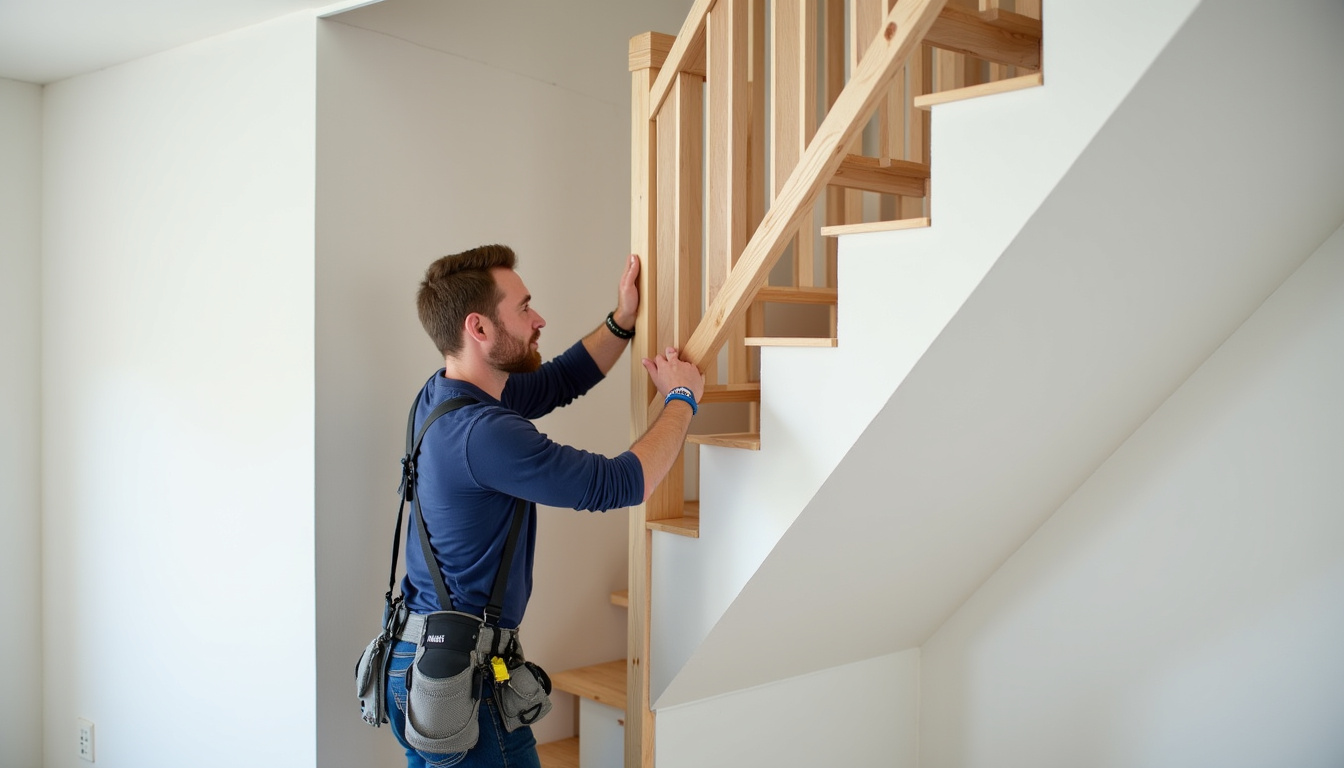 Technicien en train d’installer un monte-escalier dans une maison à Aiton