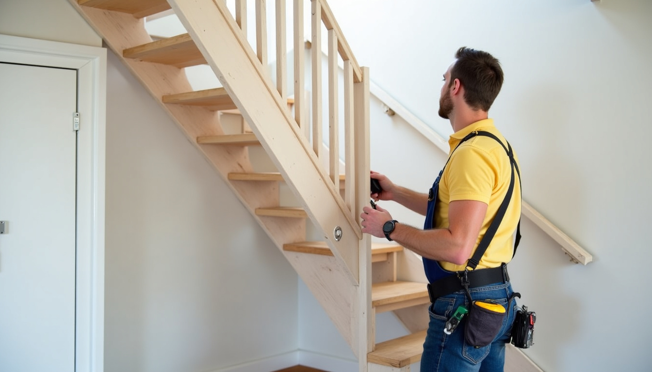 Technicien en train d’installer un monte-escalier dans une maison à Audenge