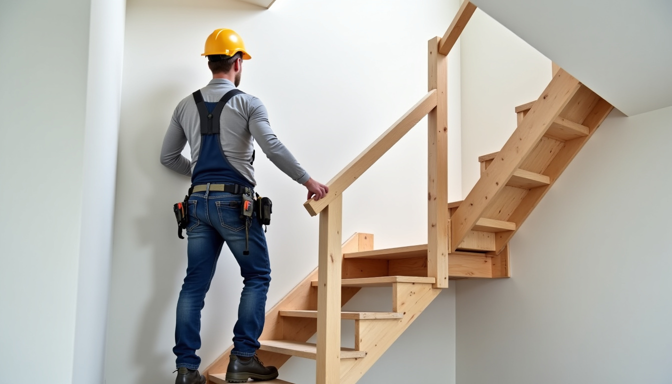 Technicien en train d’installer un monte-escalier dans une maison à Aumetz, Moselle