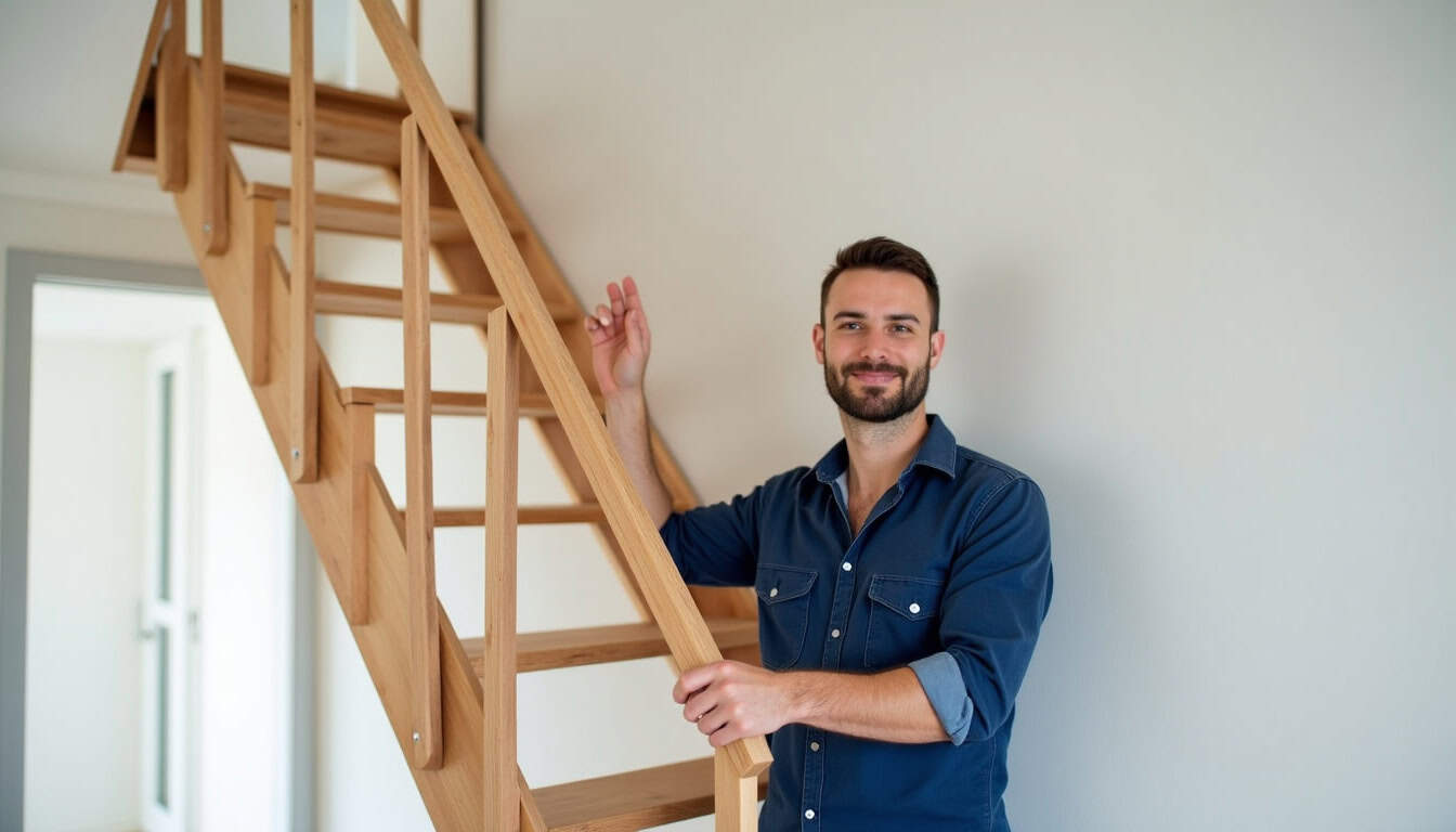 Technicien en train d’installer un monte-escalier dans une maison à Cellettes