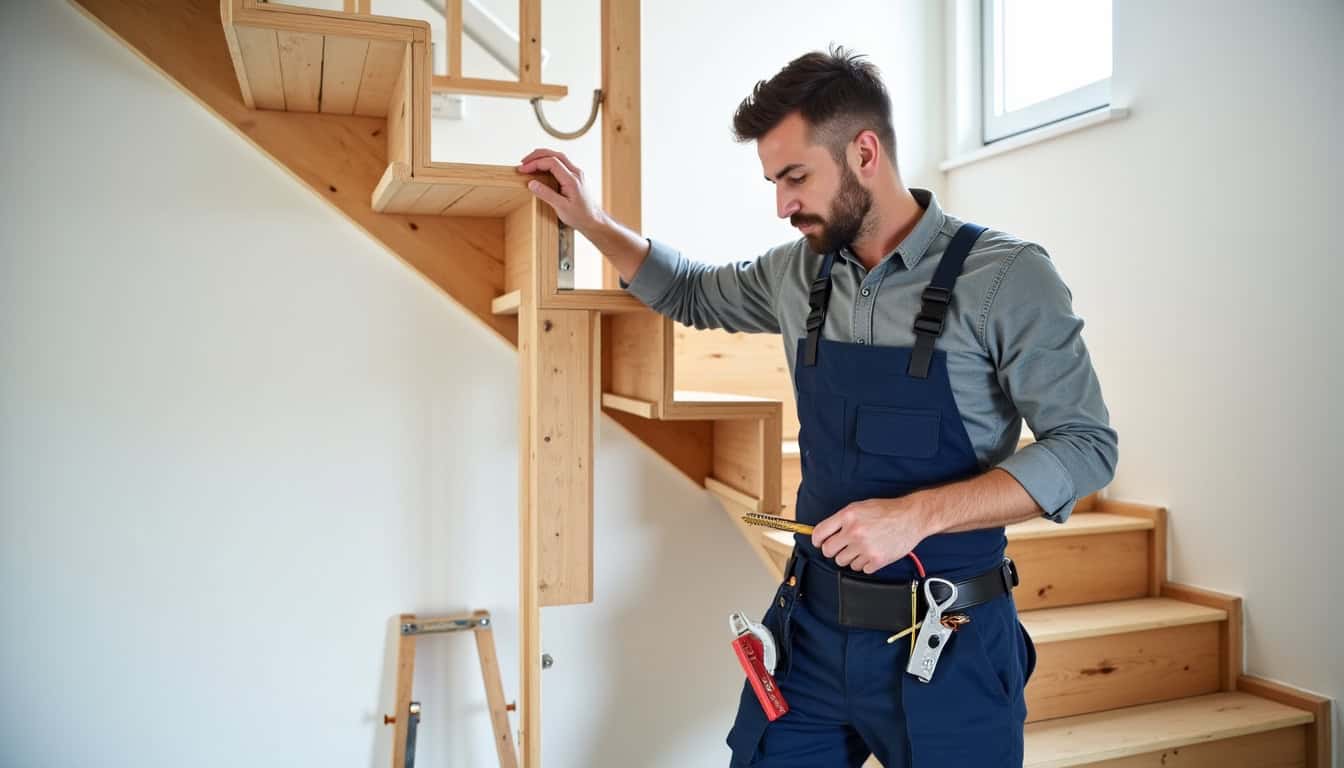 Technicien en train d’installer un monte-escalier dans une maison à Chaux, avec outils et matériel de pose