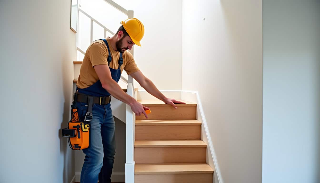 Technicien en train d’installer un monte-escalier dans une maison à Dauendorf, avec outils et mesureur laser