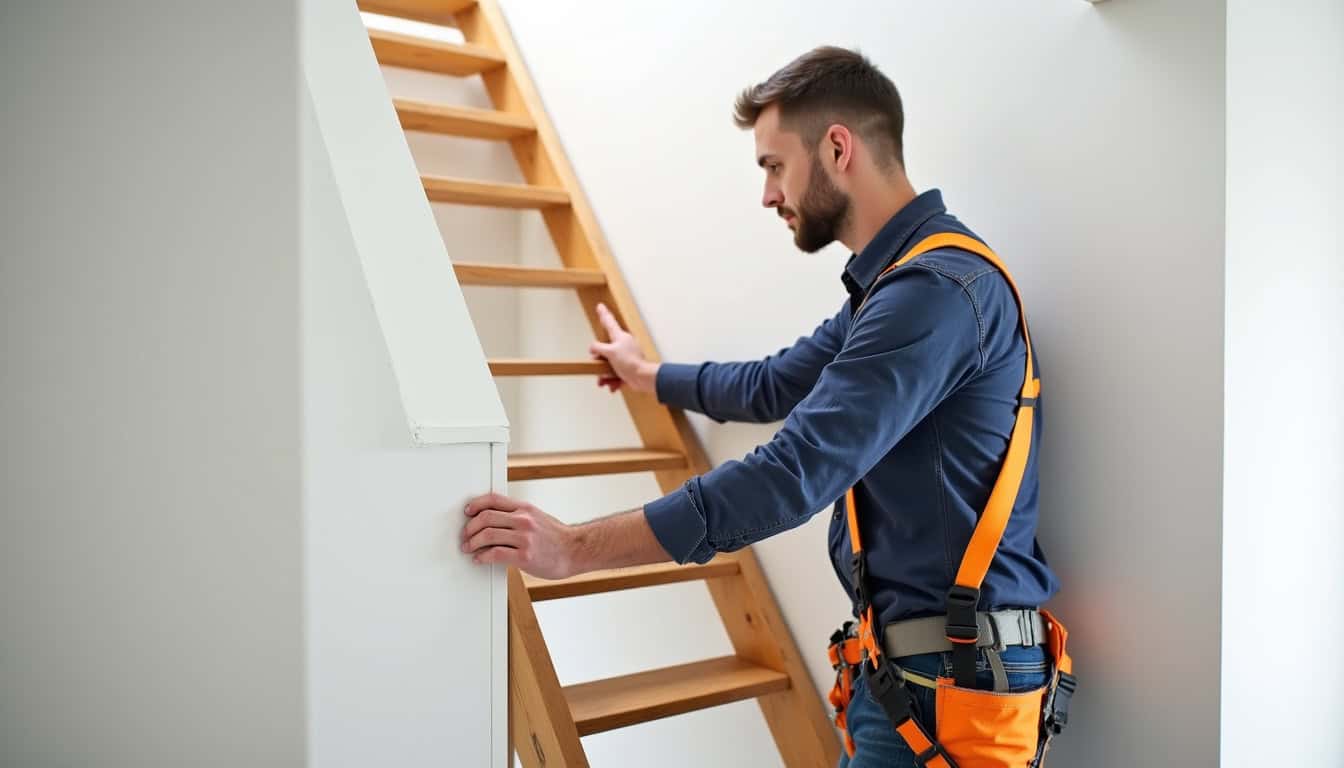 Technicien en train d’installer un monte-escalier dans une maison à Épehy