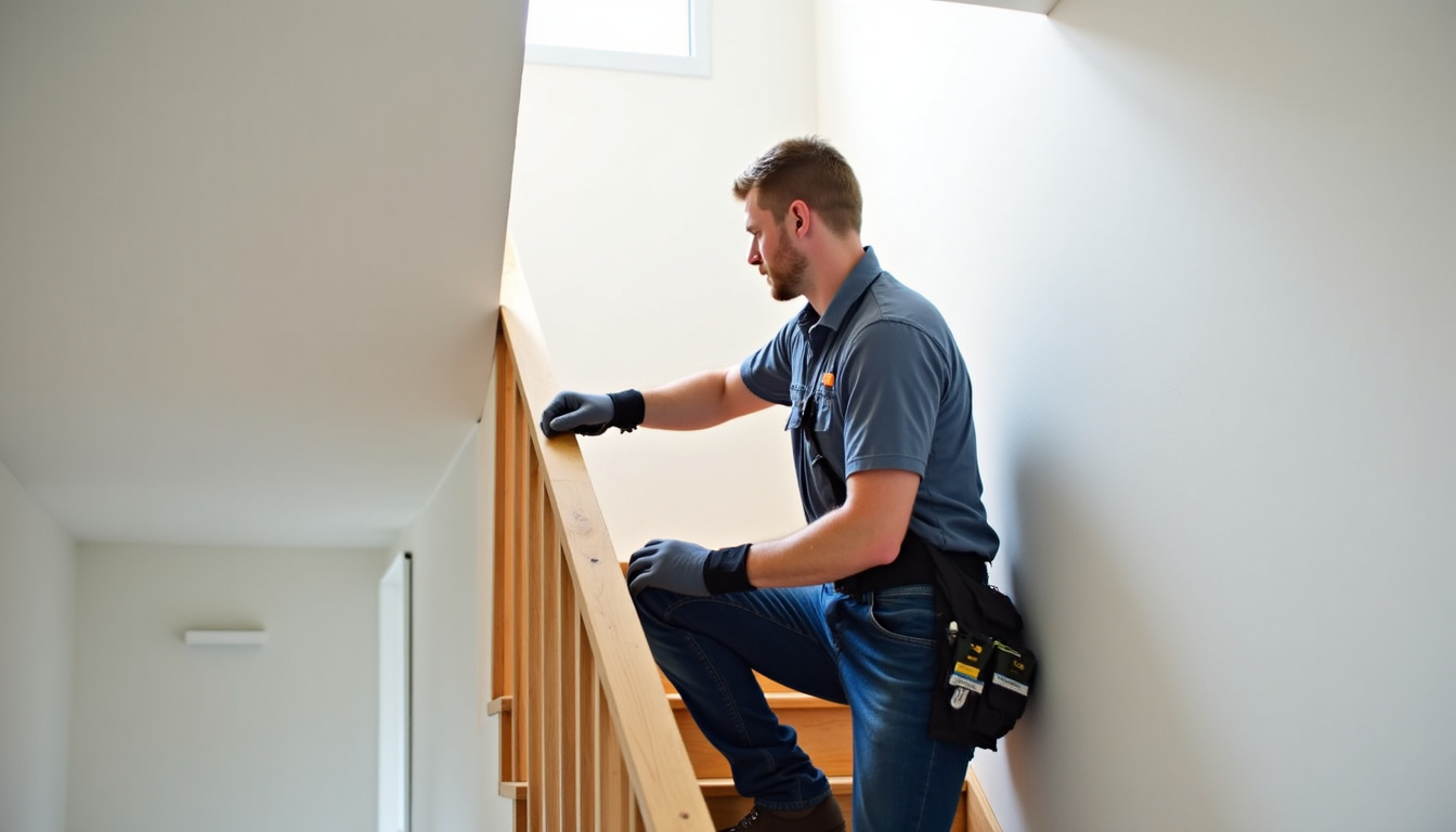 Technicien en train d’installer un monte-escalier dans une maison à Gœulzin