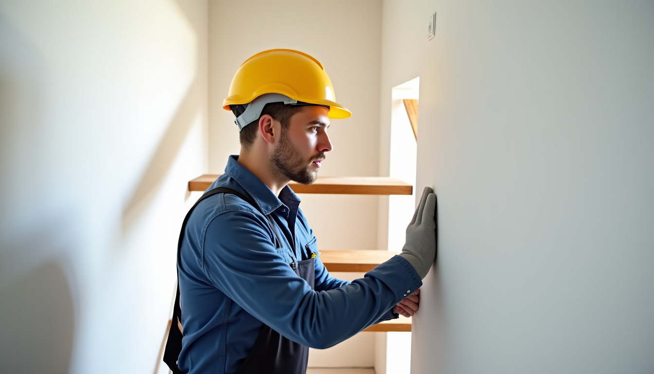 Technicien en train d’installer un monte-escalier dans une maison à Juigné-sur-Sarthe
