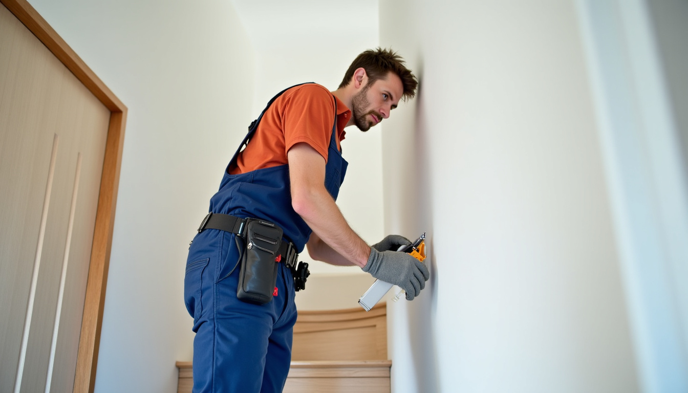 Technicien en train d’installer un monte-escalier dans une maison à La Forest-Landerneau