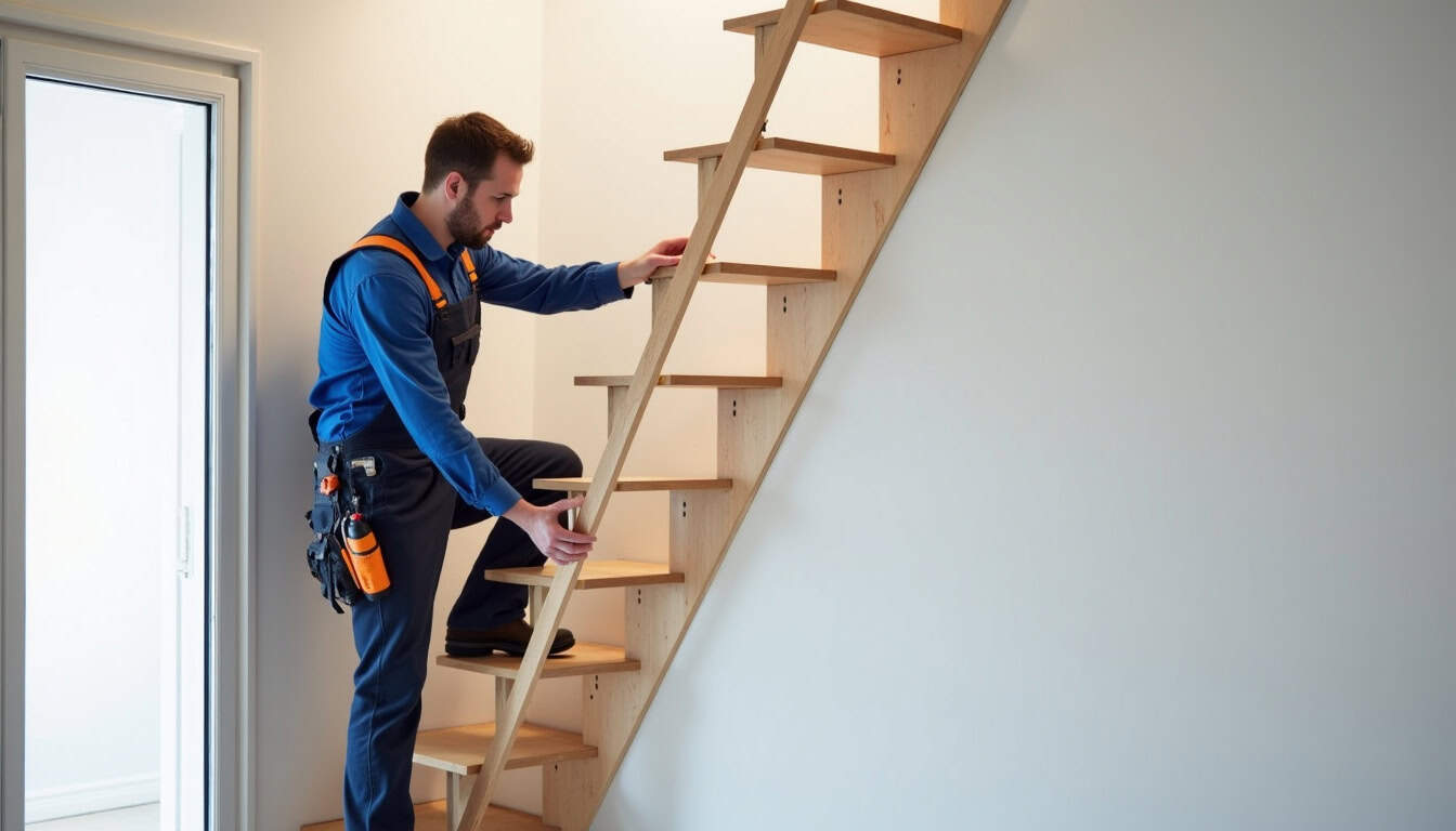 Technicien en train d’installer un monte escalier dans une maison à Langueux