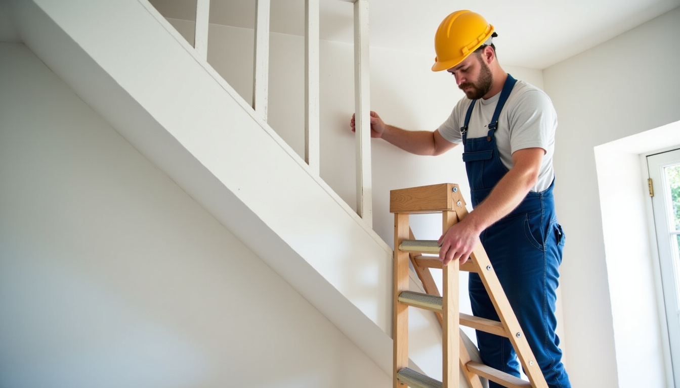 Technicien en train d’installer un monte-escalier dans une maison à Laurac-en-Vivarais