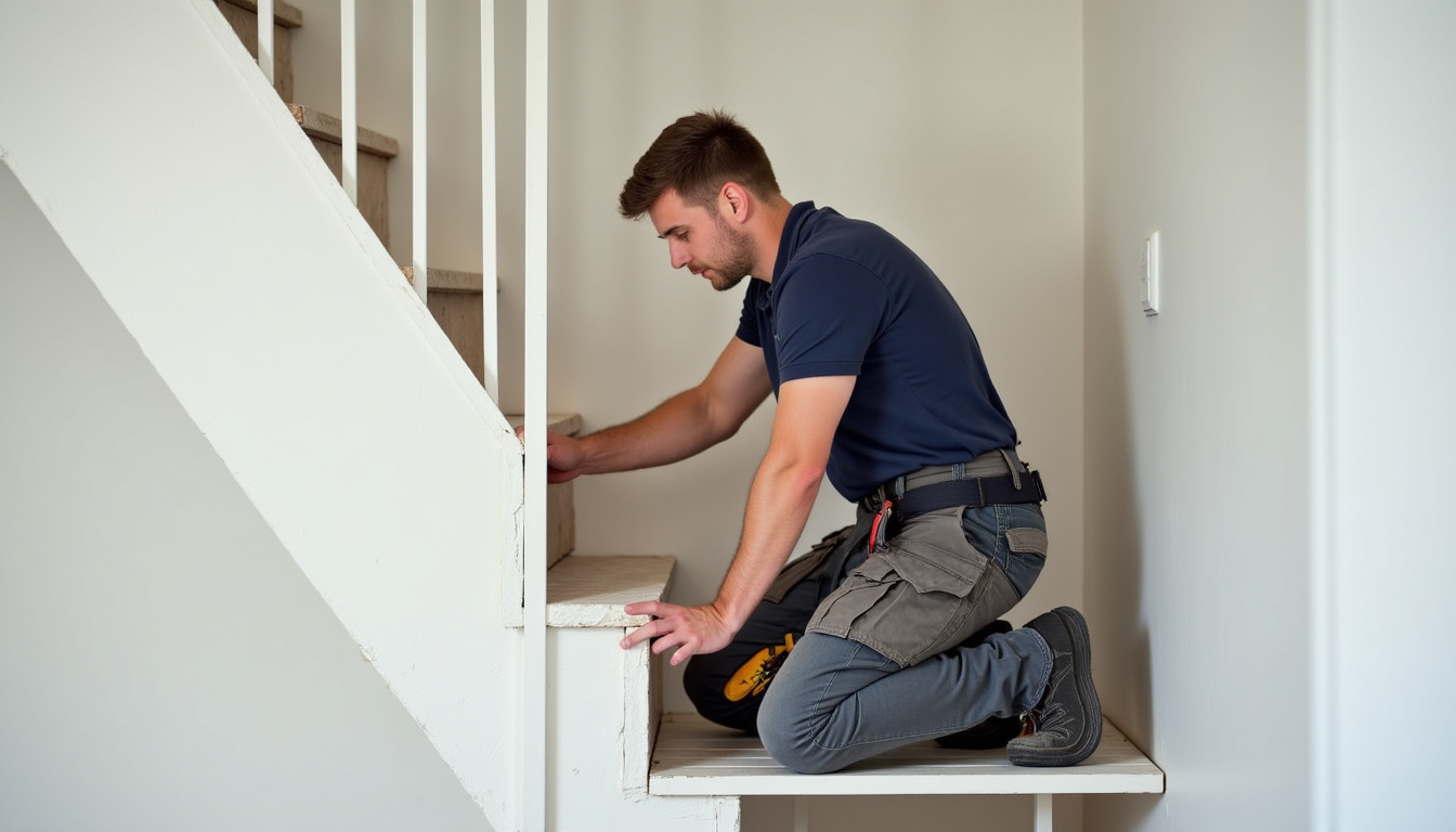 Technicien en train d’installer un monte-escalier dans une maison à Le Vernet, avec outils et rail en place