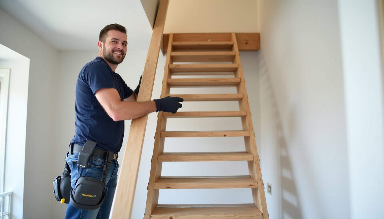 Technicien en train d’installer un monte-escalier dans une maison à Meaux
