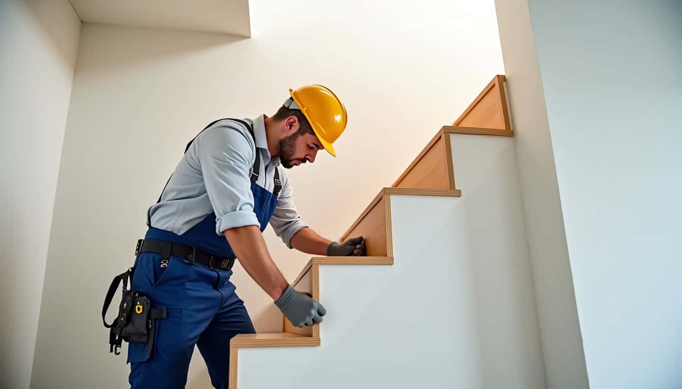 Technicien en train d’installer un monte-escalier dans une maison à Montjoie-en-Couserans