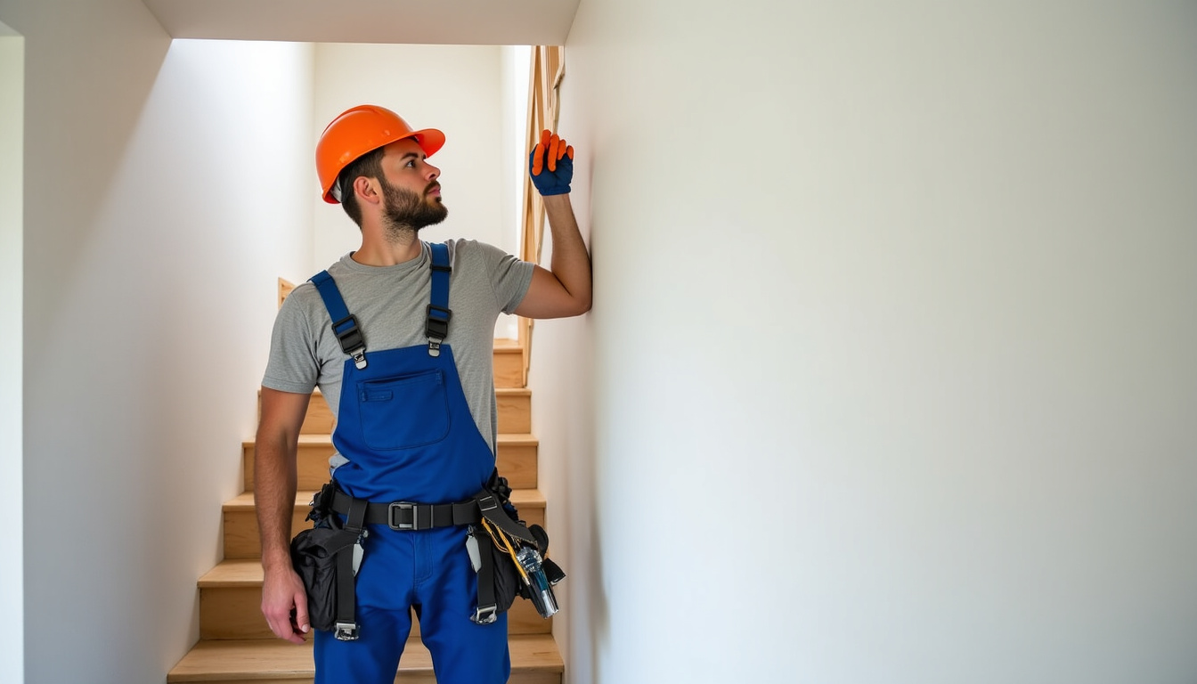 Technicien en train d’installer un monte-escalier dans une maison à Morvillars, avec matériel professionnel et mesures précises