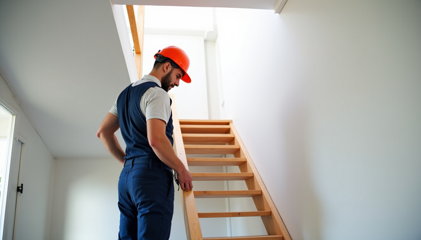 Technicien en train d’installer un monte-escalier dans une maison à Rives d’Andaine