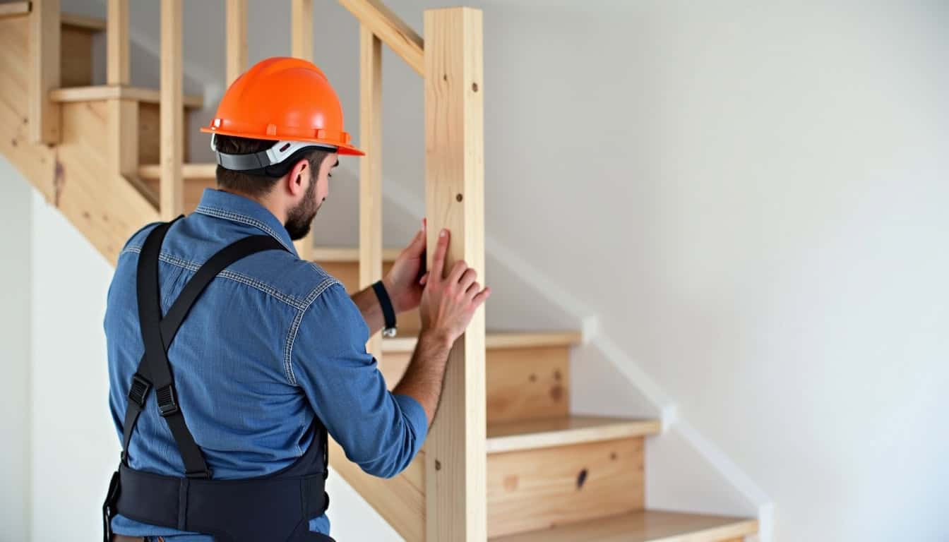 Technicien en train d’installer un monte-escalier dans une maison à Saint-Martin-de-Valgalgues