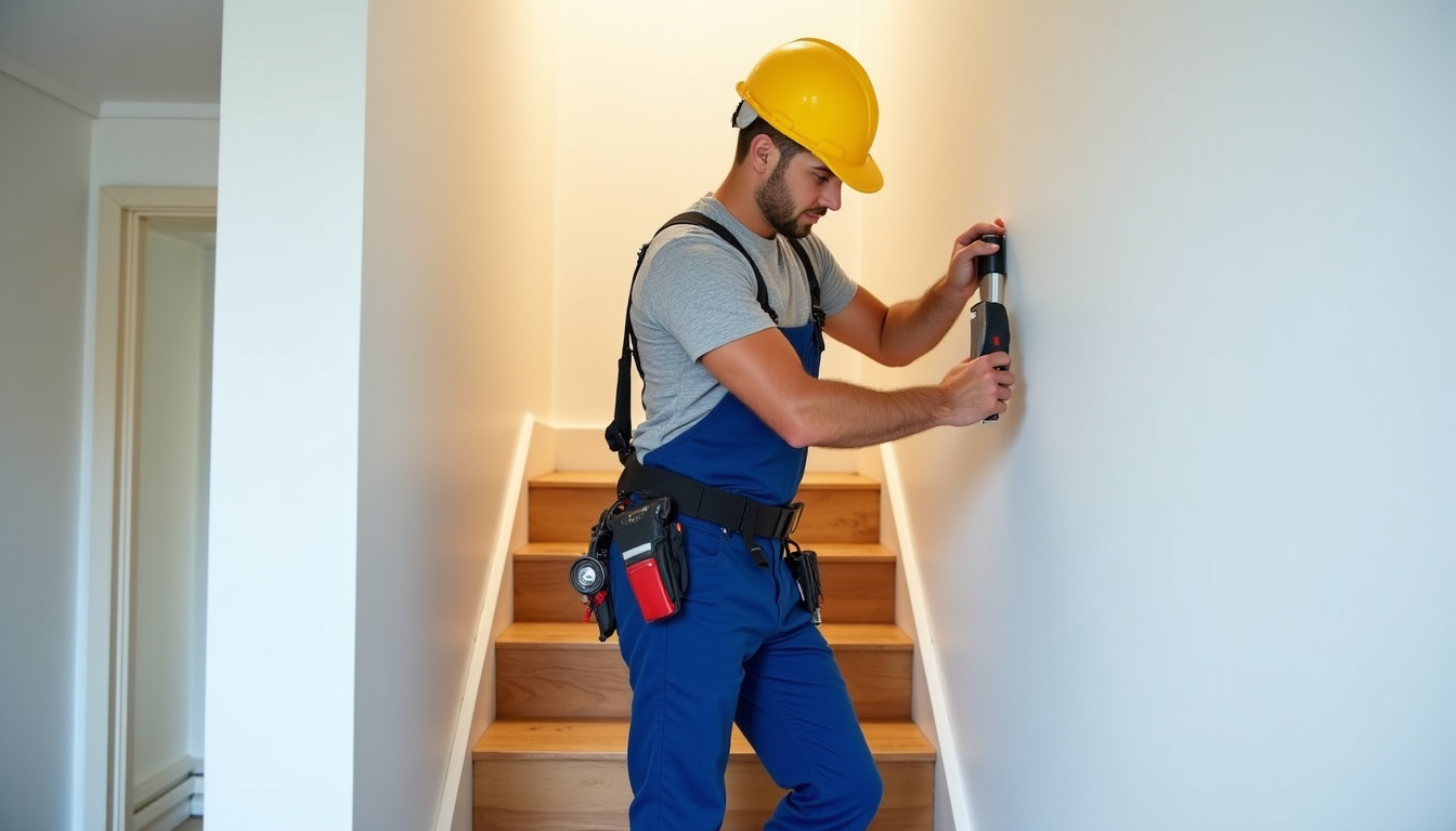 Technicien en train d’installer un monte-escalier dans une maison à Saint-Pavace