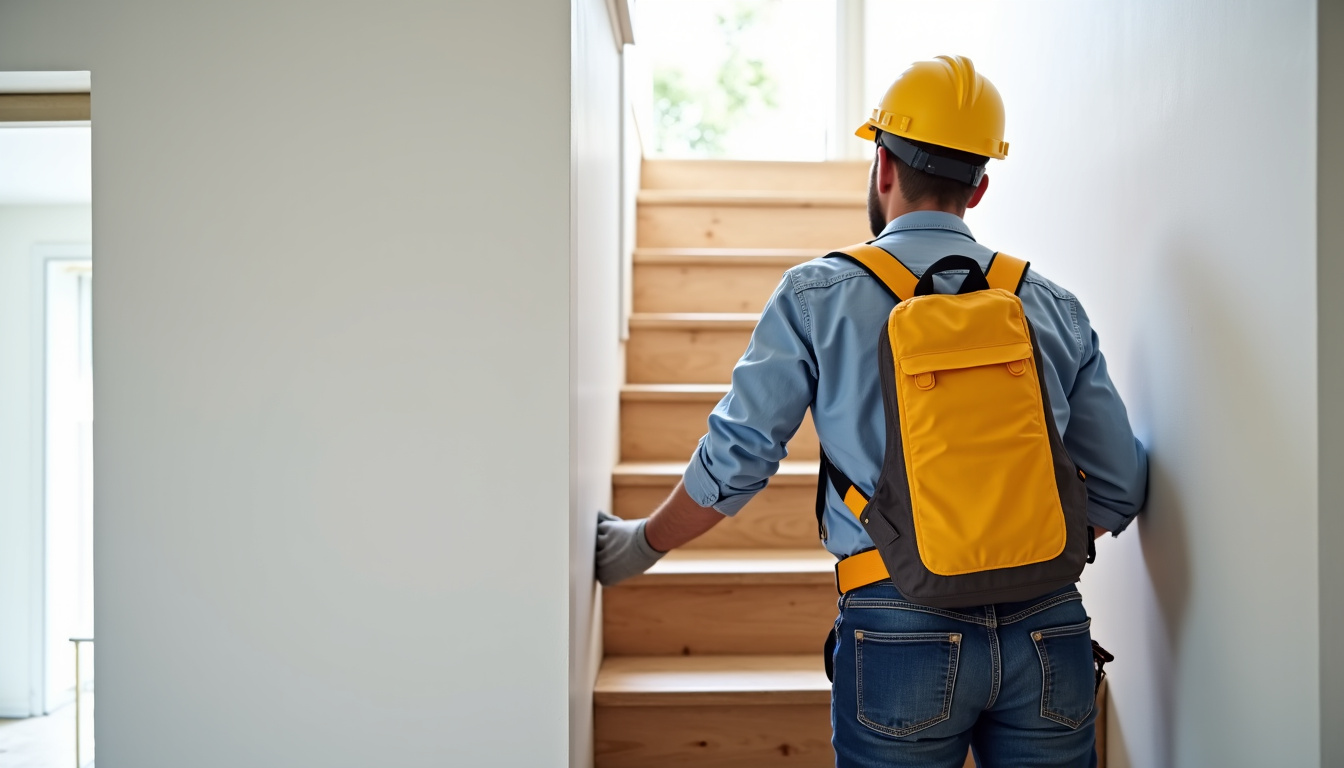 Technicien en train d’installer un monte-escalier dans une maison à Saint-Prix
