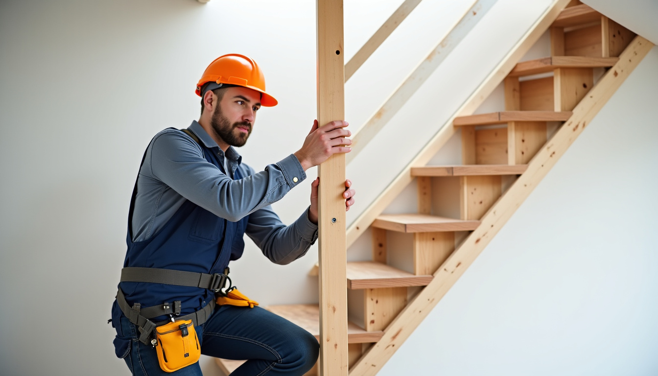 Technicien en train d’installer un monte-escalier dans une maison à Saulzoir