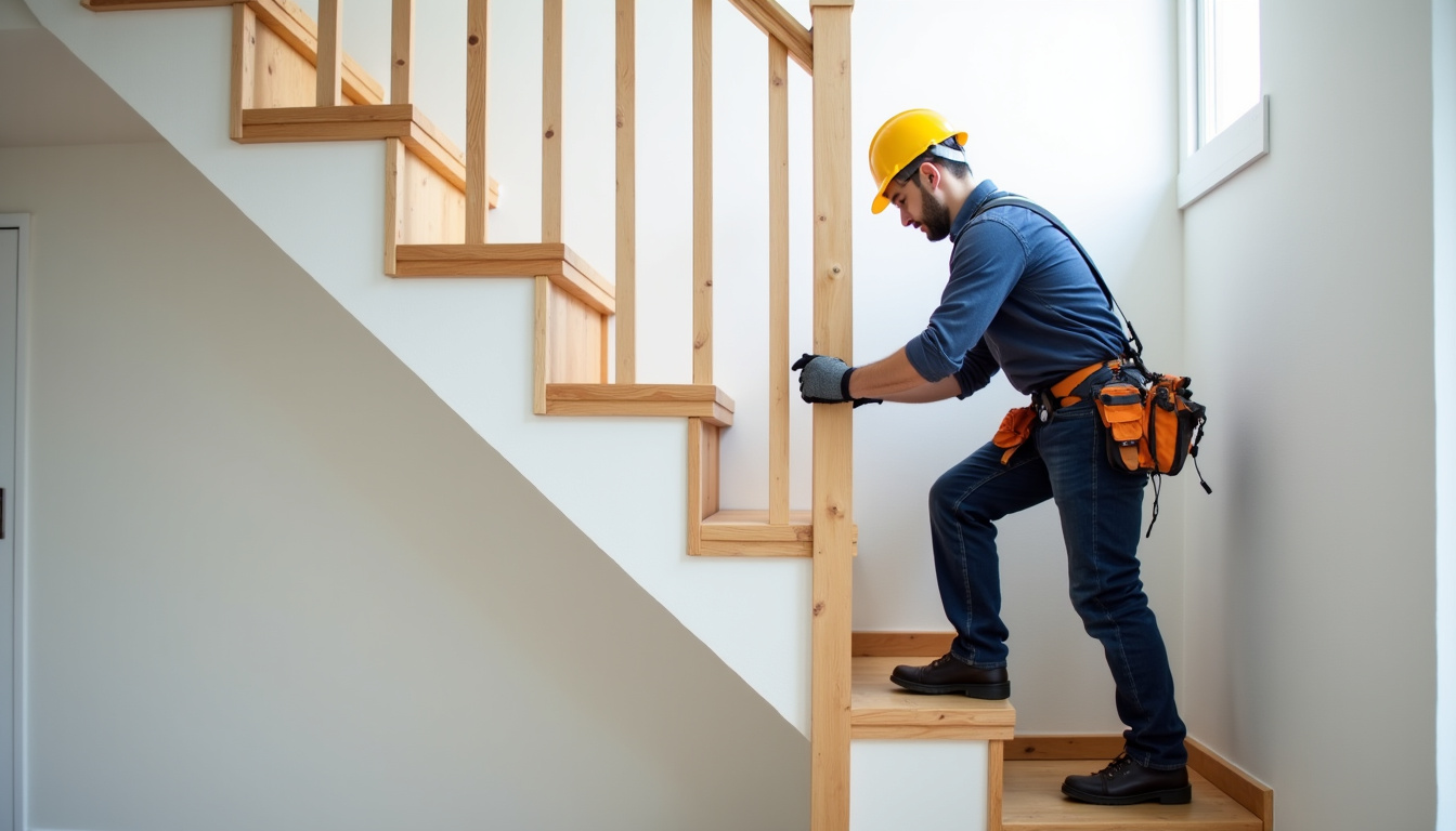 Technicien en train d’installer un monte-escalier dans une maison à Survilliers, en train de fixer le rail sur les marches