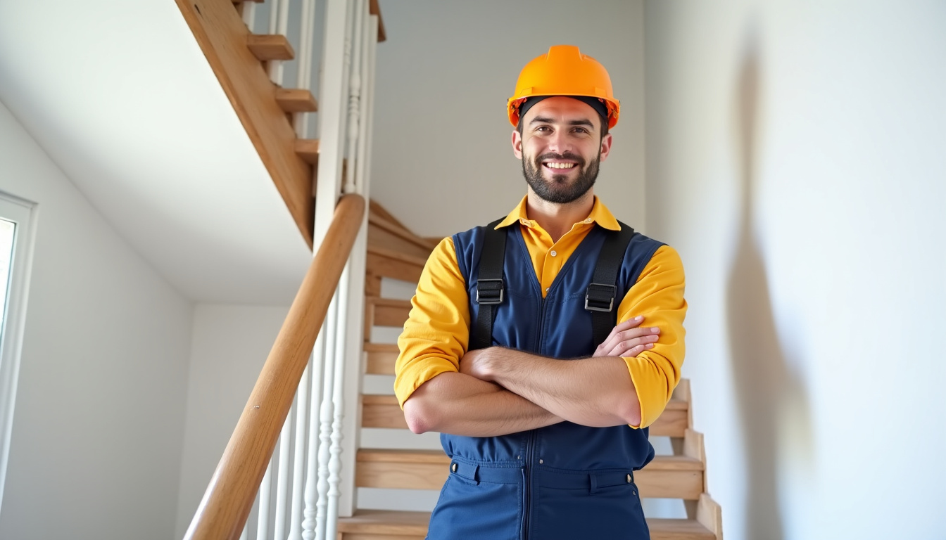 Technicien en train d’installer un monte-escalier dans une maison à Tencin
