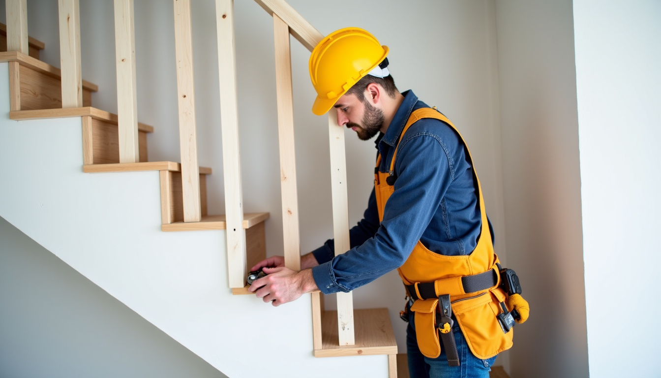 Technicien en train d’installer un monte-escalier dans une maison à Wailly, avec outils et rail en place