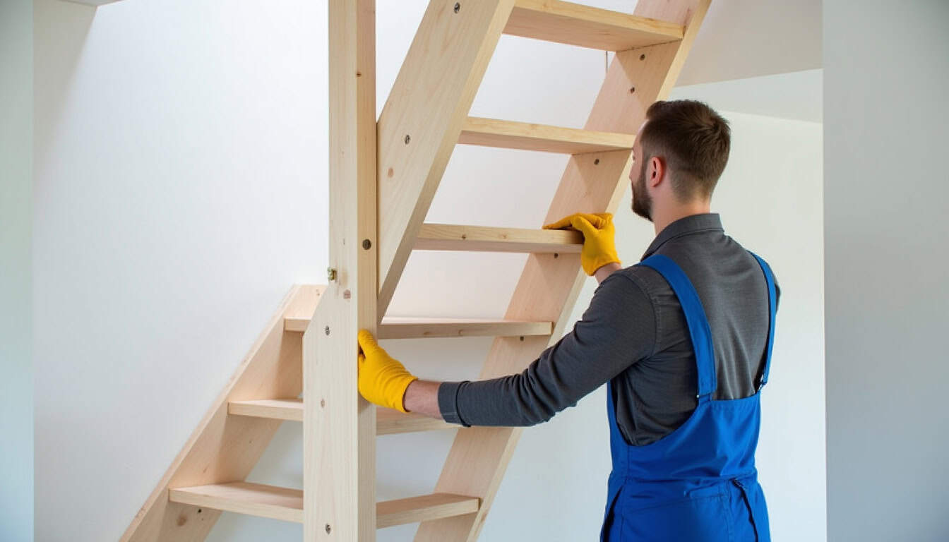Technicien en train d’installer un monte-escalier dans une maison de Bischoffsheim