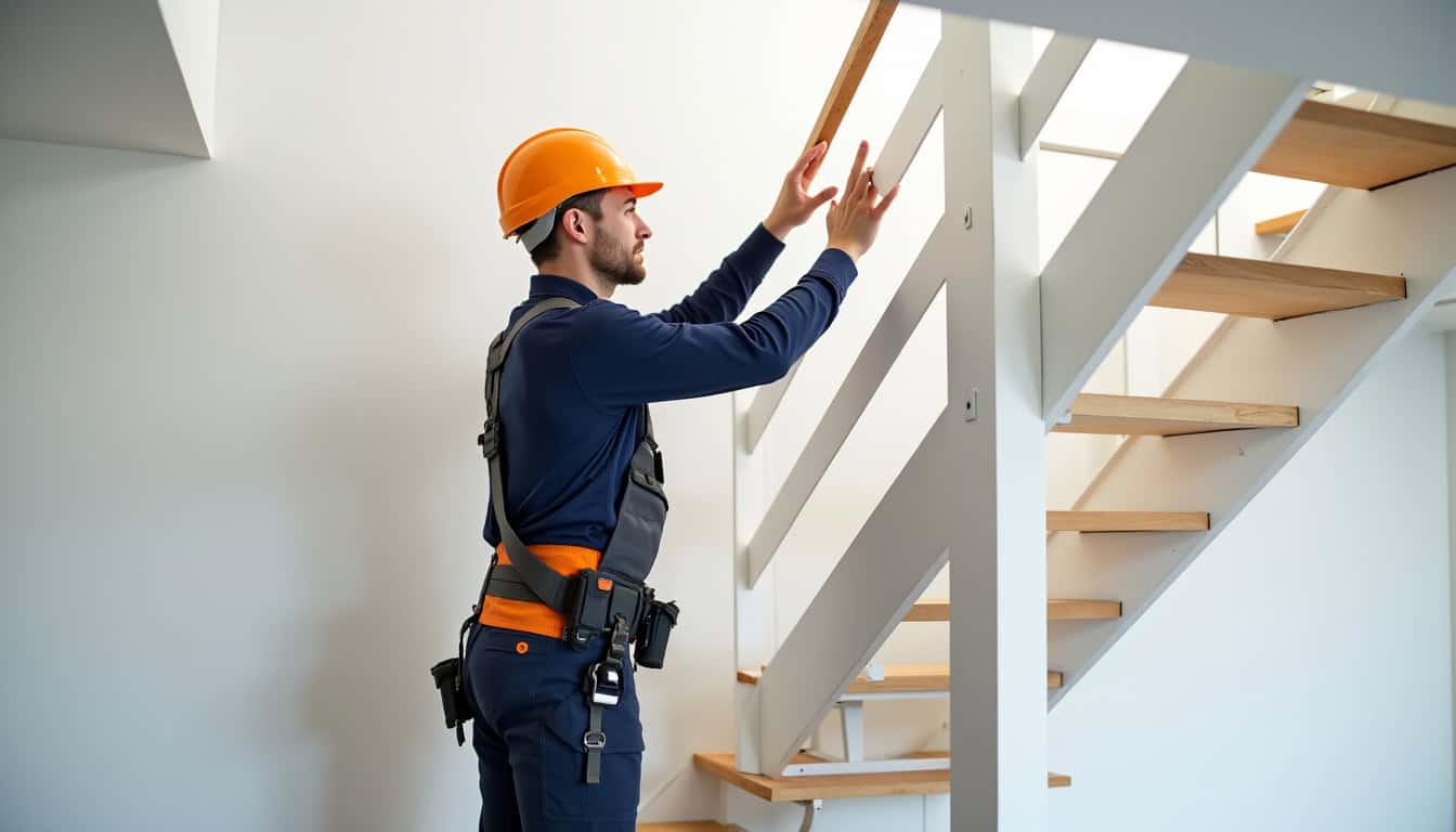 Technicien en train d’installer un monte-escalier dans une maison de Ligueil