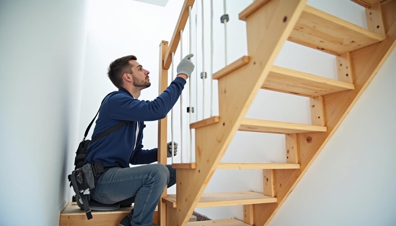 Technicien en train d’installer un monte-escalier dans une maison de Mouvaux