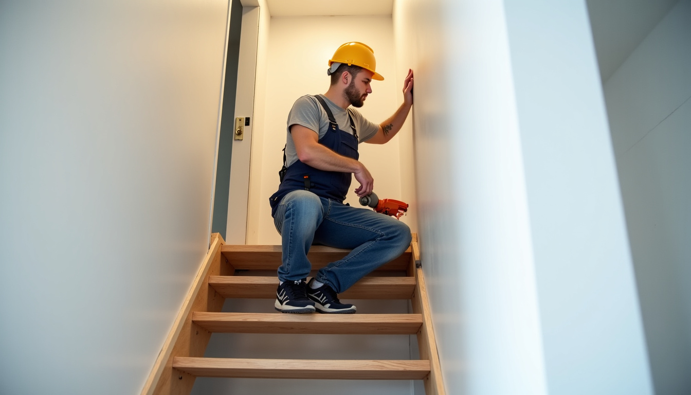 Technicien en train d’installer un monte-escalier dans une maison d’Ingrandes-le-Fresne-sur-Loire