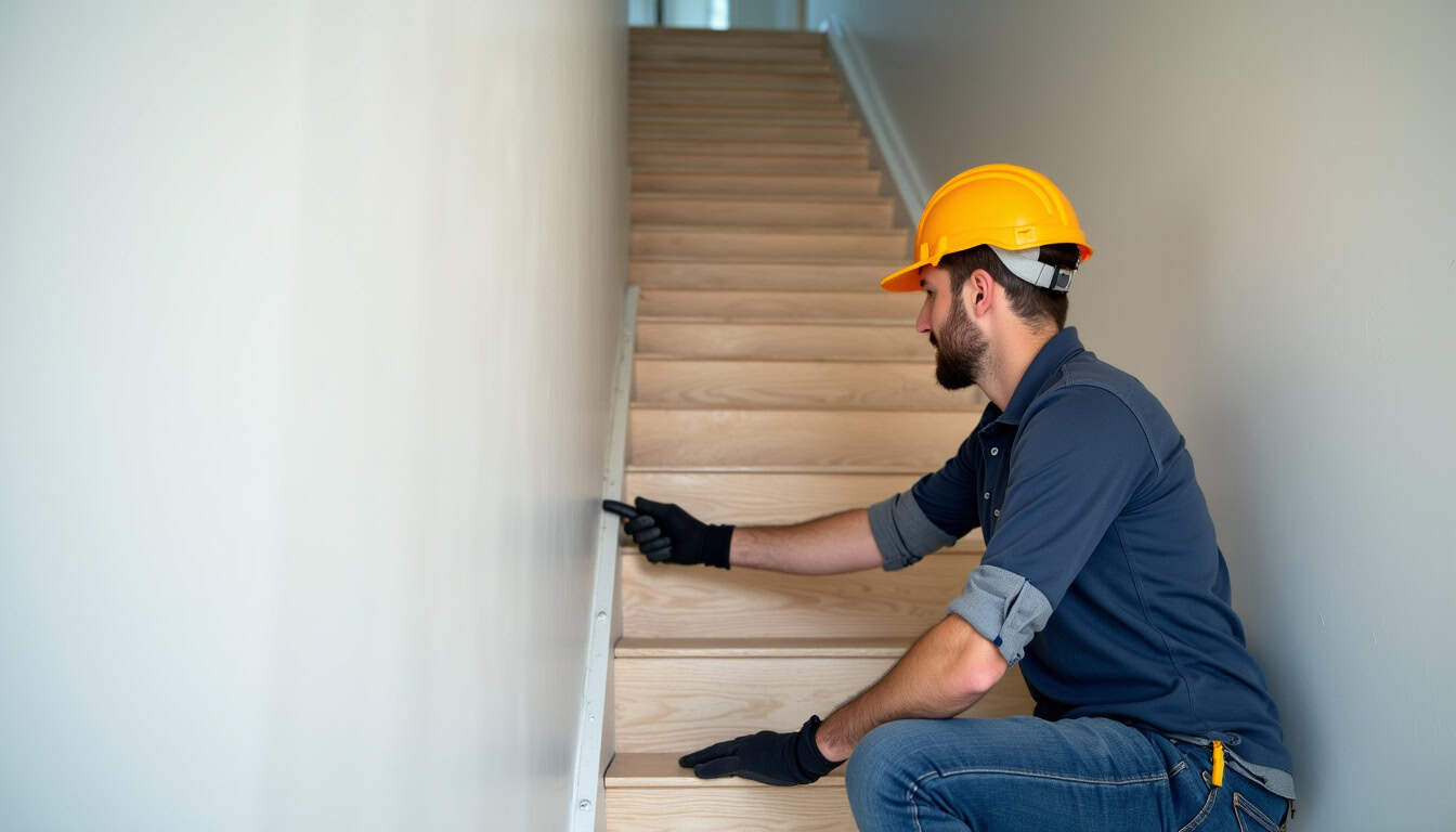 Technicien en train d’installer un monte-escalier dans une maison du Tarn
