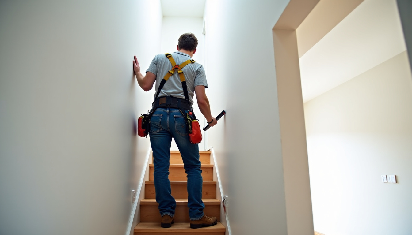 Technicien en train d’installer un monte-escalier droit dans une maison à Champagnole