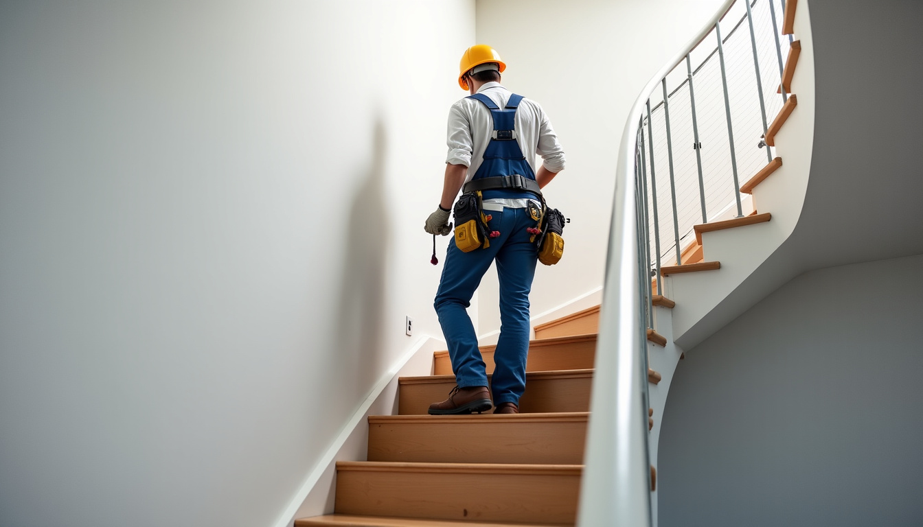 Technicien en train d’installer un monte-escalier sur un escalier en colimaçon à Vendôme