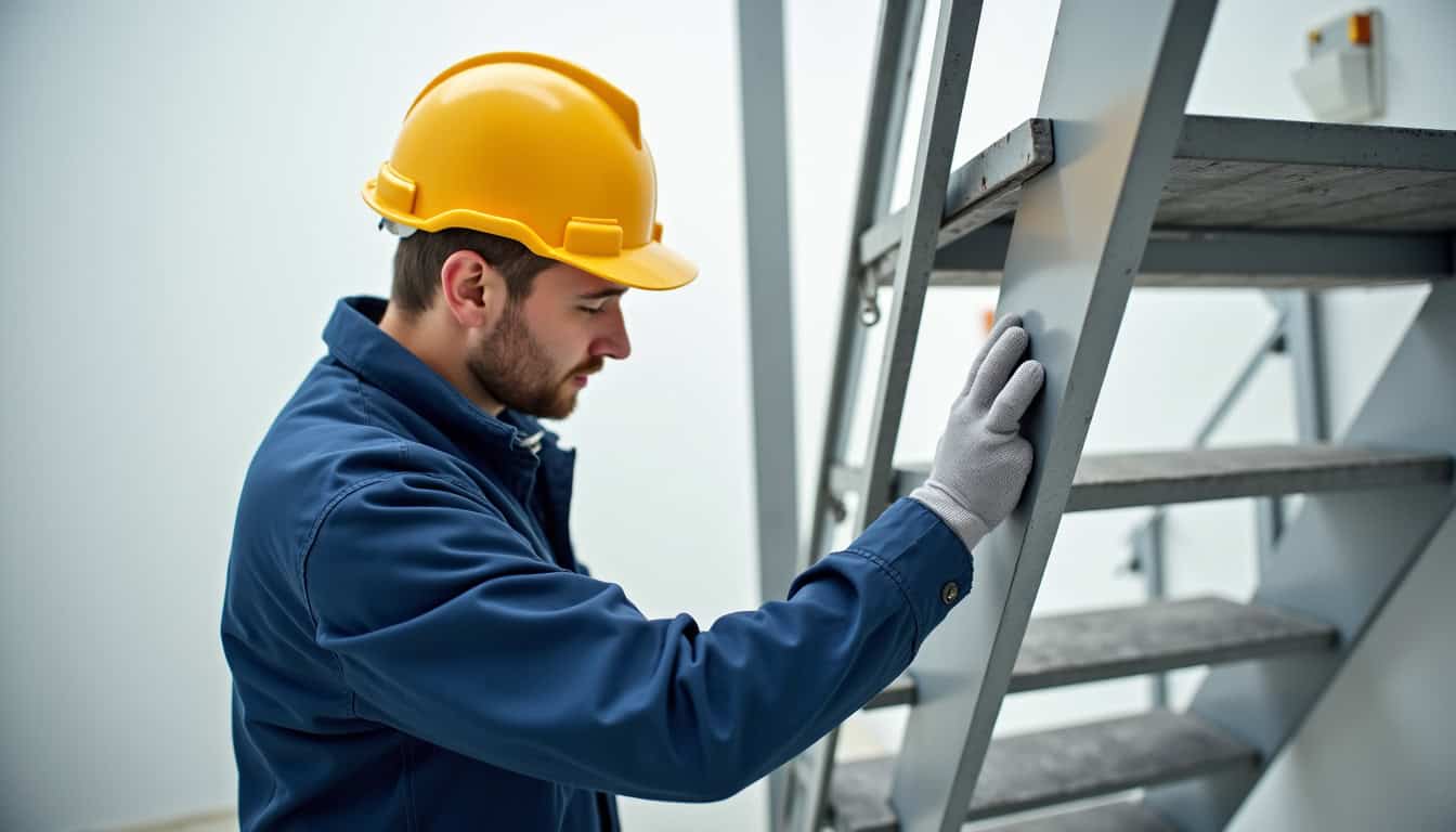 Technicien en train d’installer un monte-escalier tournant à Saint-André-le-Gaz