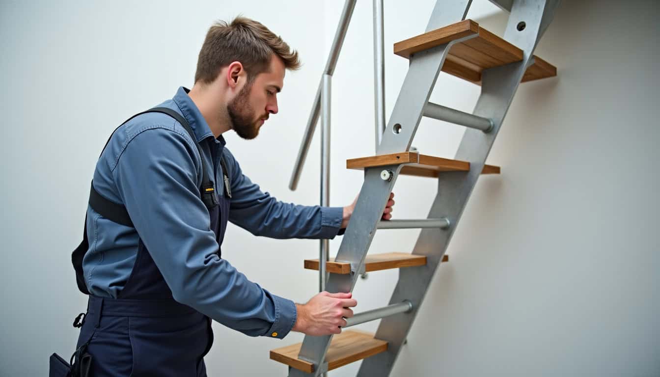Technicien en train d’installer un monte-escalier tournant à Saint-Yrieix-la-Perche