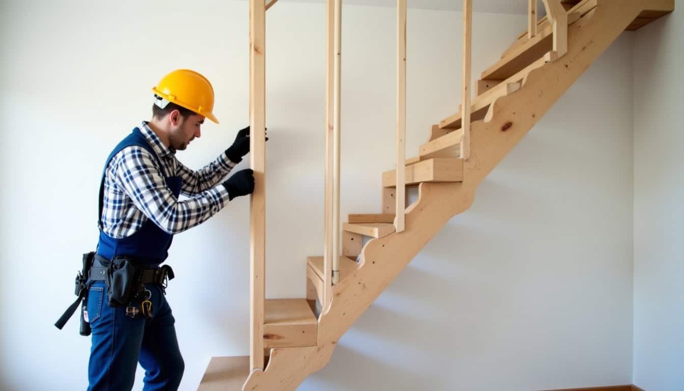 Technicien en train d’installer un monte-escalier tournant dans une maison à Aiglun
