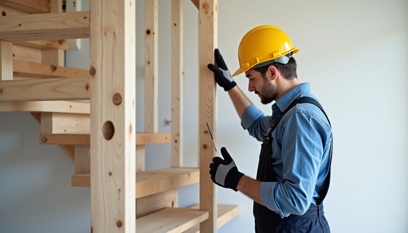 Technicien en train d’installer un monte-escalier tournant dans une maison ancienne à Épaignes