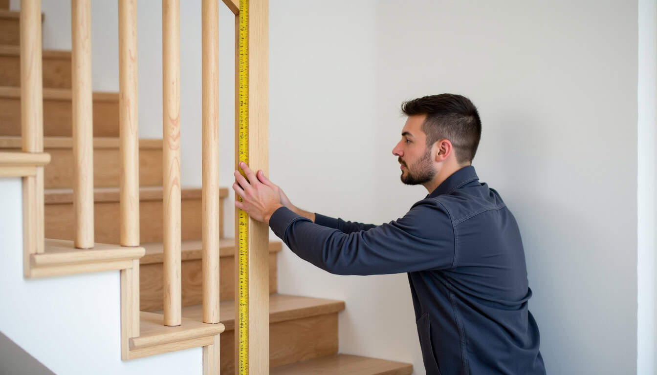 Technicien en train d’installer un monte-escalier tournant dans une maison de Lautrec, avec mesure du rail sur place