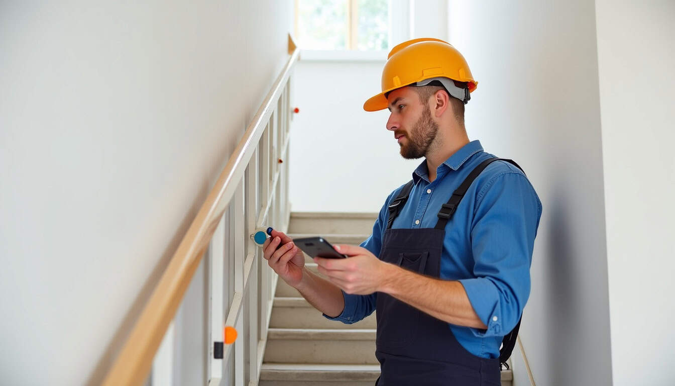 Technicien en train d’installer un rail de monte-escalier dans une maison à Sathonay-Camp