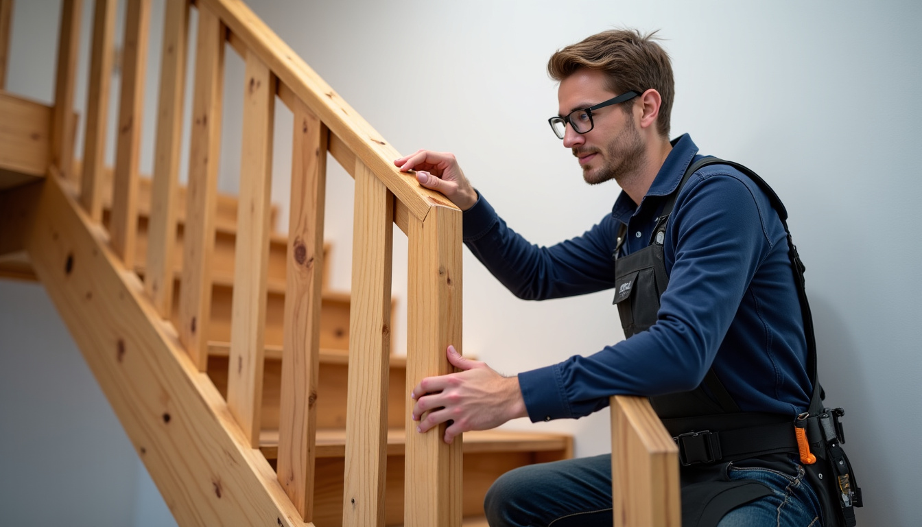 Technicien en train d’installer un rail de monte-escalier sur les marches d’un escalier en bois à Cosne-Cours-sur-Loire