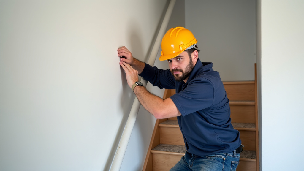 Technicien installant un monte-escalier à Escaudain, en présence du propriétaire