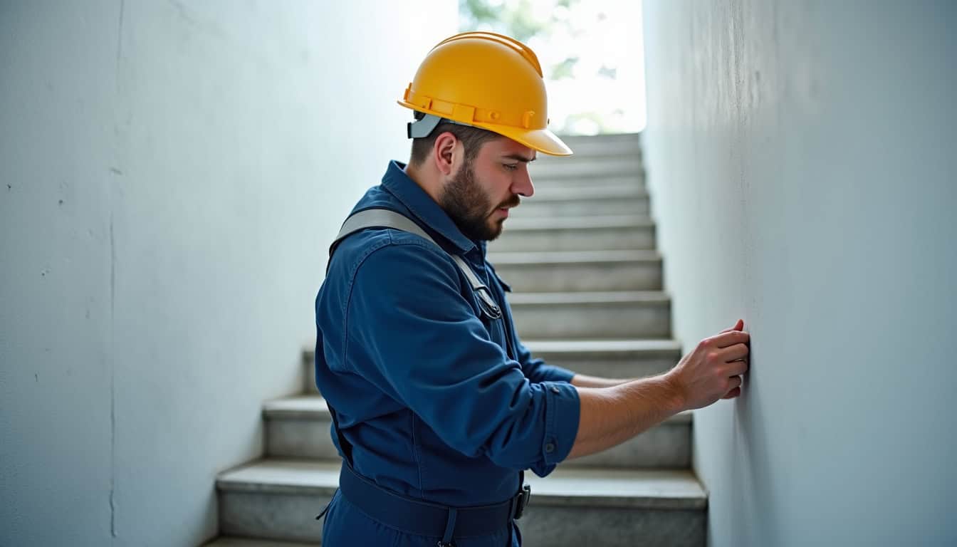 Technicien local effectuant un entretien annuel sur un monte-escalier à Lanta