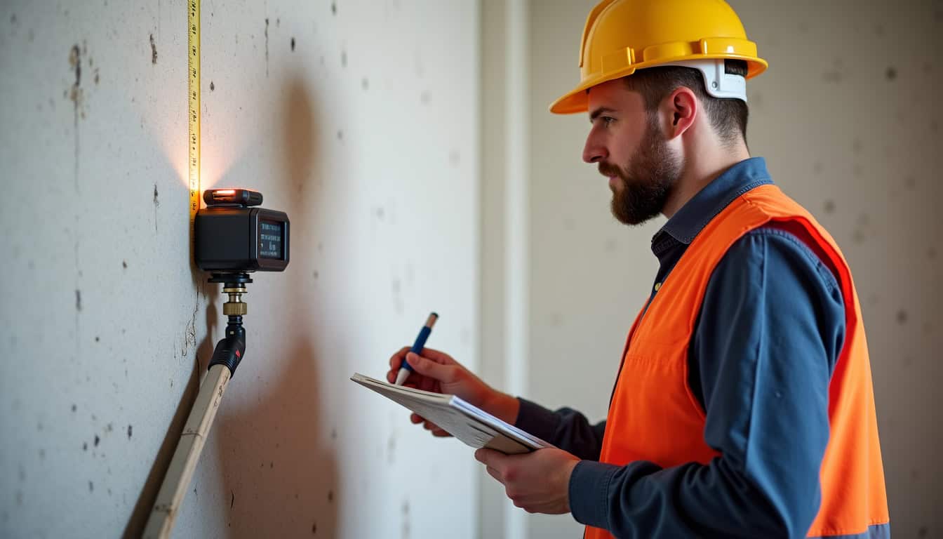 Technicien local en train de mesurer un escalier en pierre à Saint-Bauzille-de-Montmel, avec un appareil laser et un carnet de notes