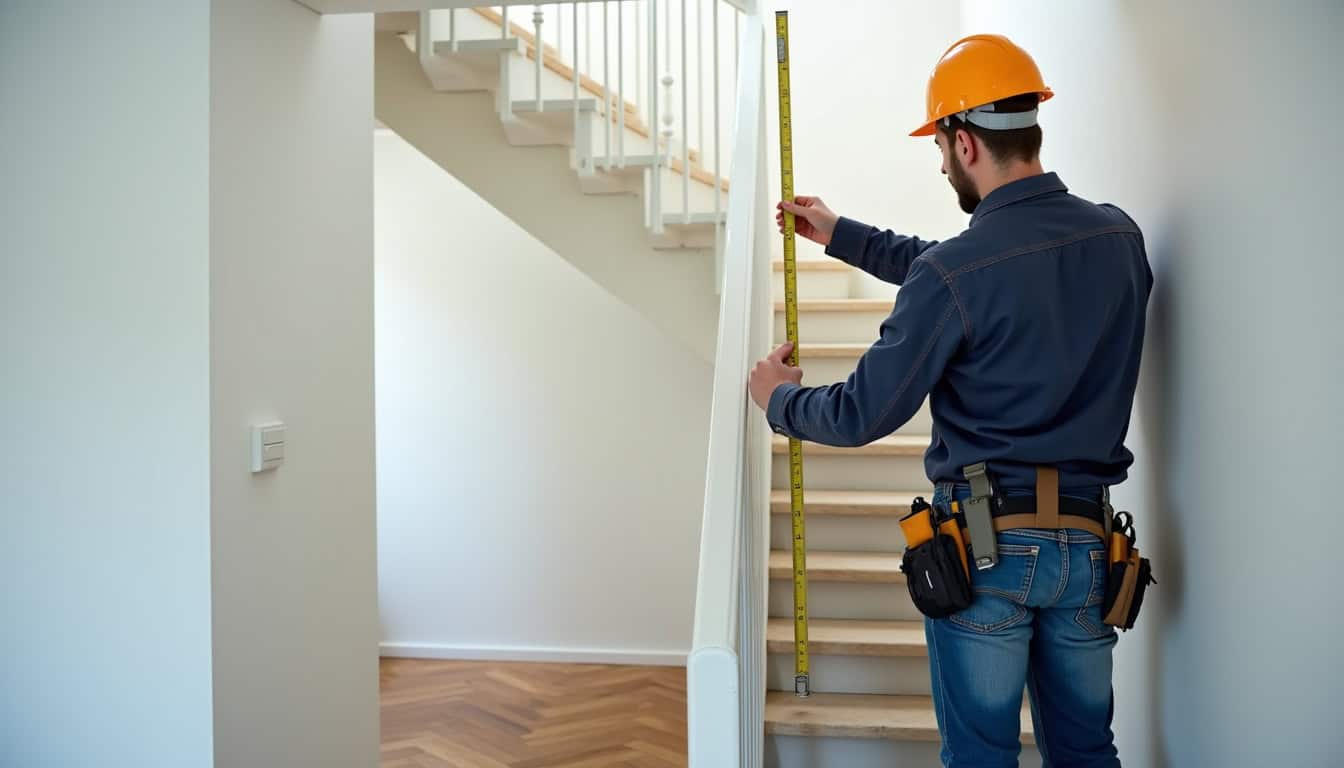 Technicien prenant des mesures pour un devis de monte-escalier à Villié-Morgon