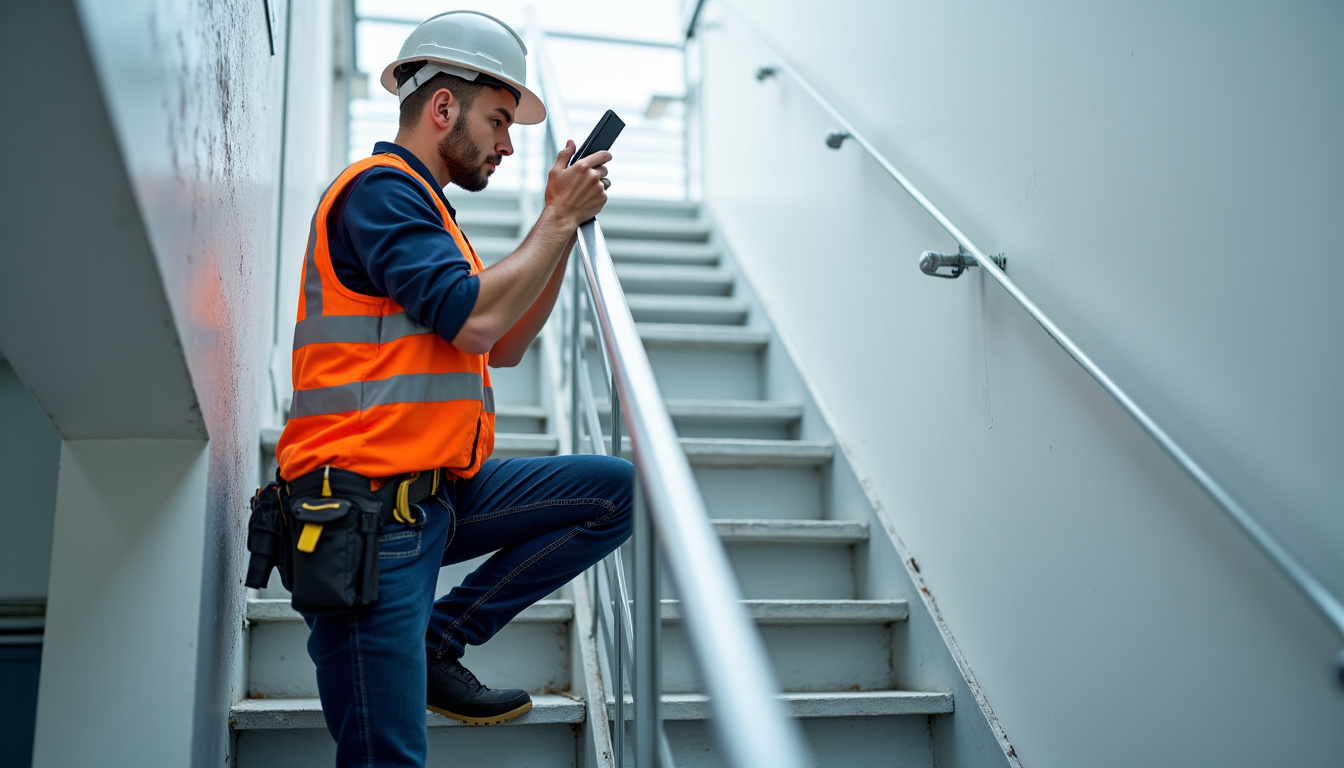 Technicien prenant des mesures sur un escalier lors d