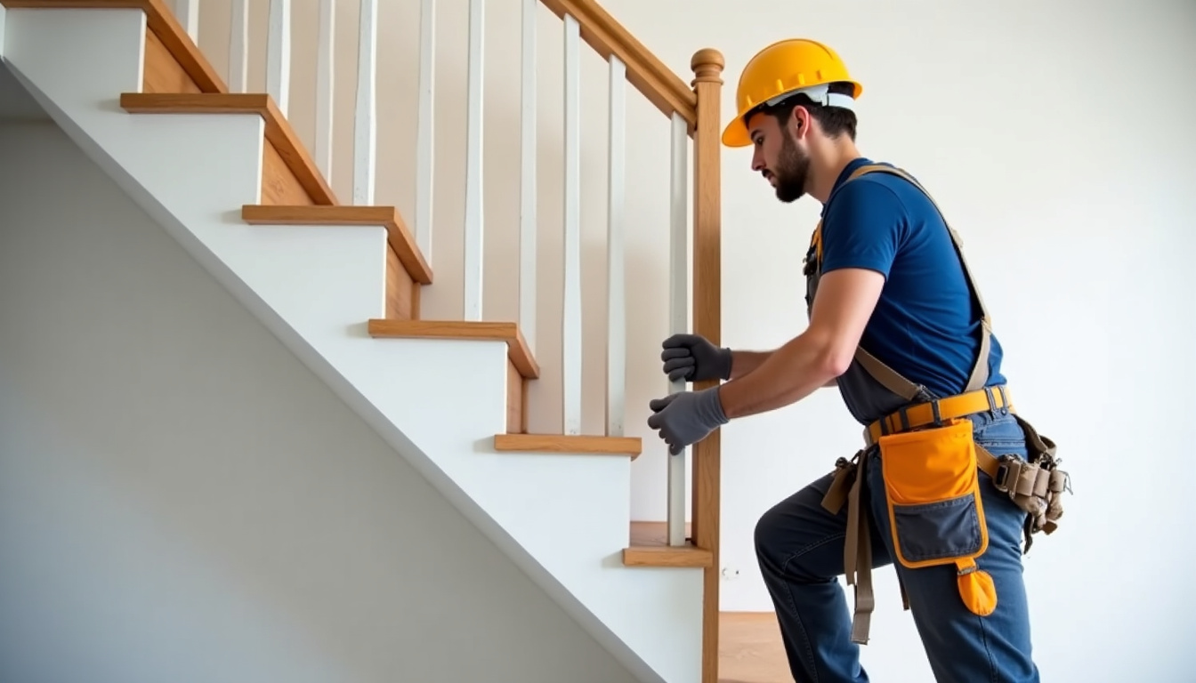 Technicien professionnel en train d’installer un monte-escalier dans une maison à Martin-Église