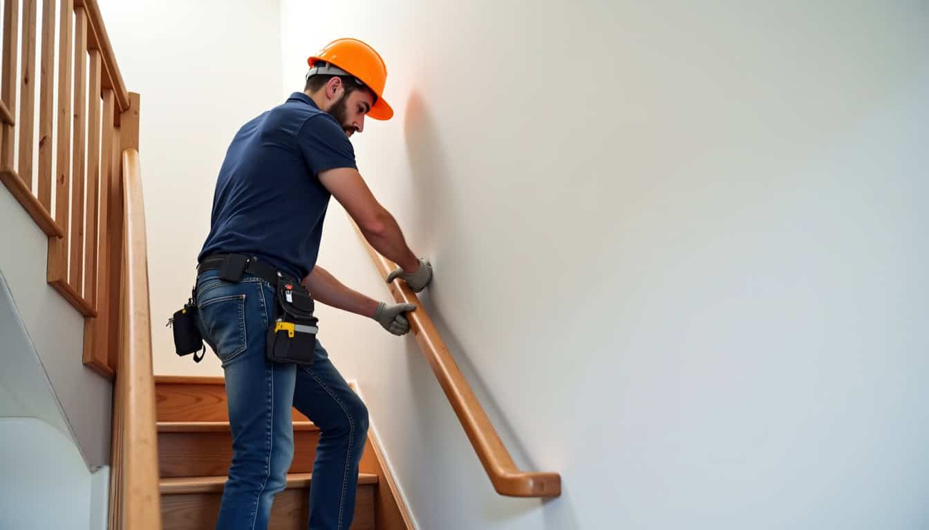 Technicien professionnel en train d’installer un monte-escalier tournant dans une maison à Peaugres, avec vérification des connectiques et du rail