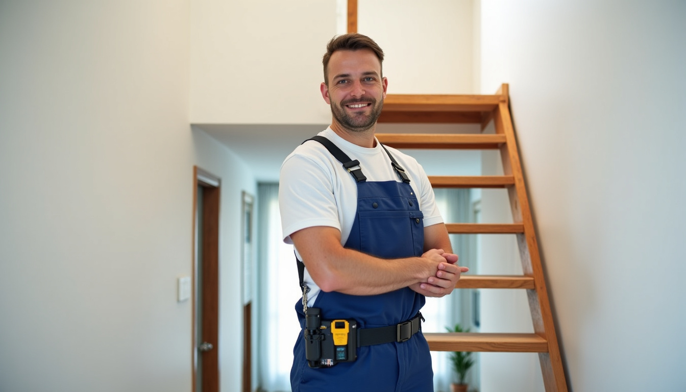 Technicien professionnel installant un monte-escalier dans une habitation à Déols