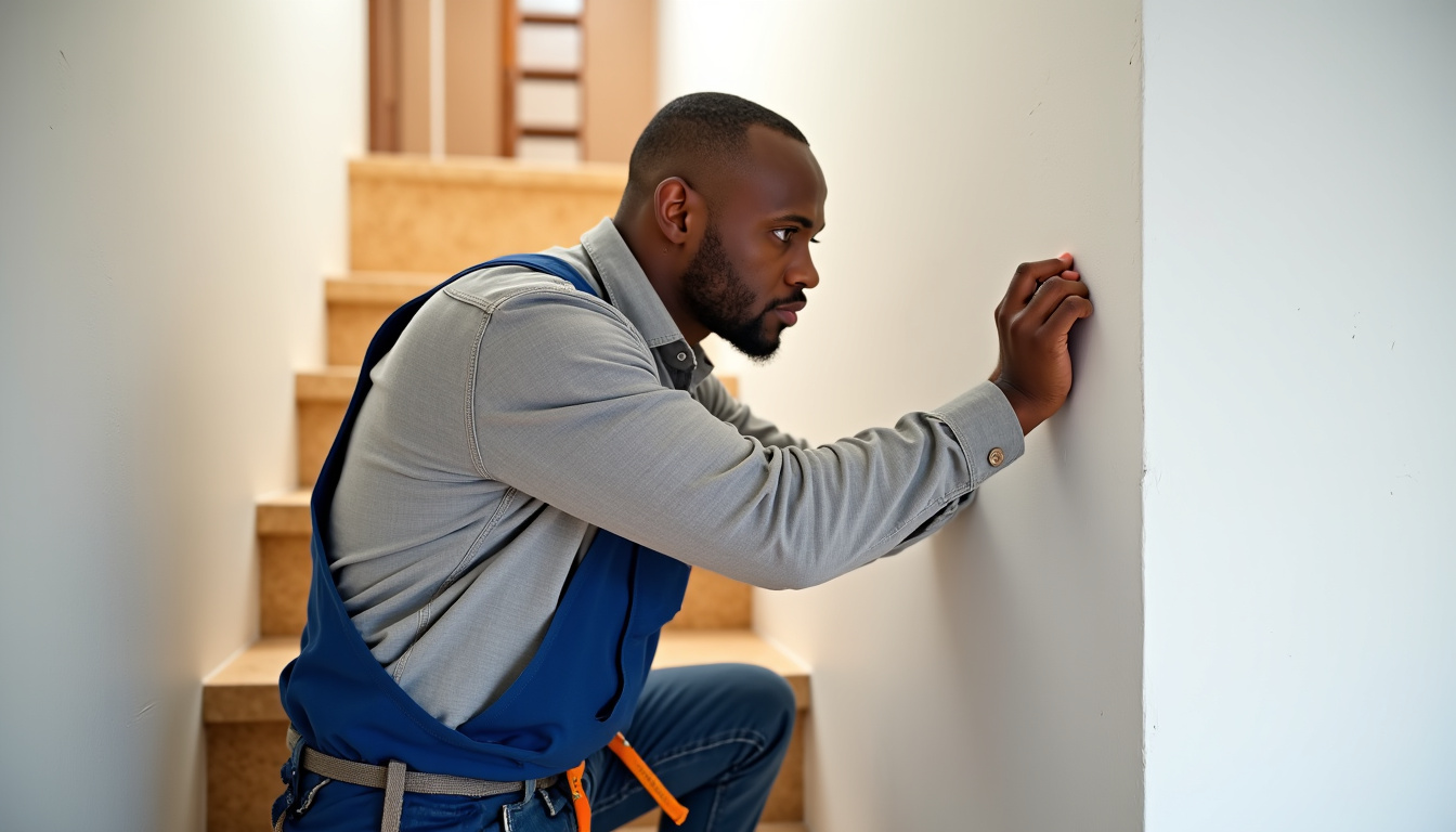 Technicien professionnel installant un monte-escalier dans une maison à Soumoulou, avec équipement de sécurité et outils adaptés