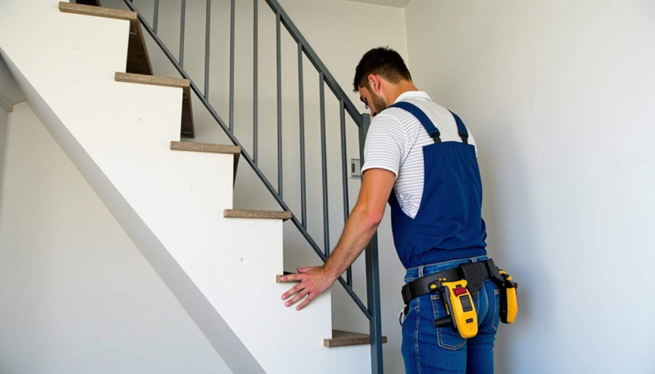 Technicien professionnel installant un monte-escalier droit dans une maison individuelle à Saint-Julien-en-Genevois, avec outils de mesure et rail en aluminium