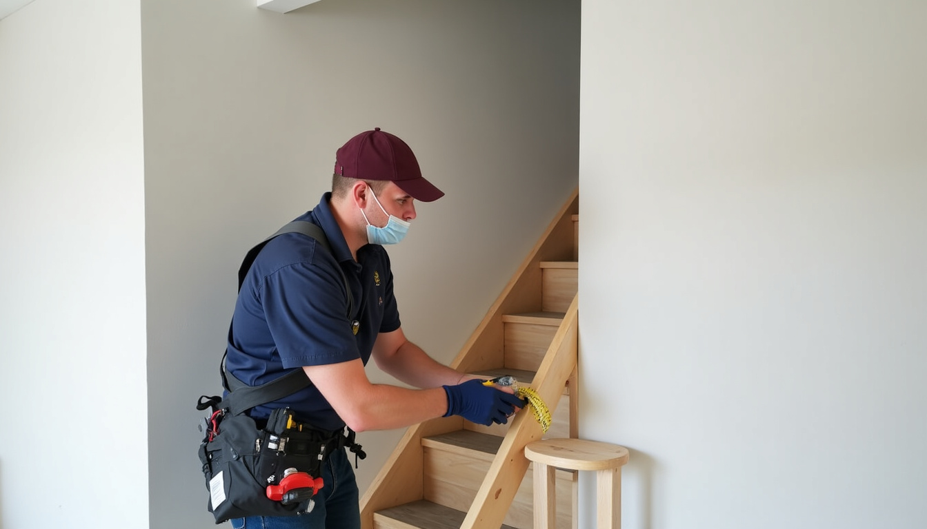 Technicien professionnel installant un monte-escalier tournant dans une maison de Vendeuvre-sur-Barse, avec outils et mesures précises